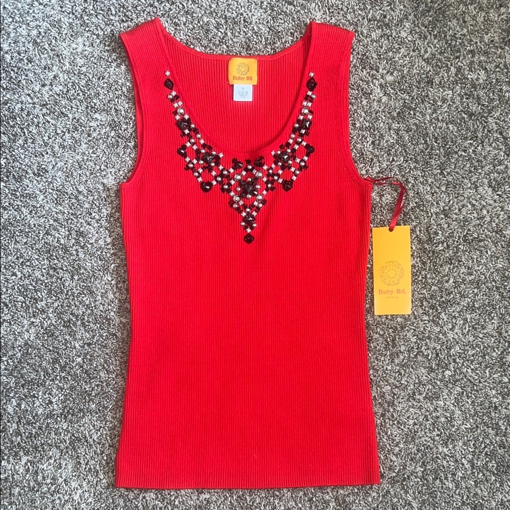 Ruby Rd. Sleeveless Red Embellished Ribbed Tank Top